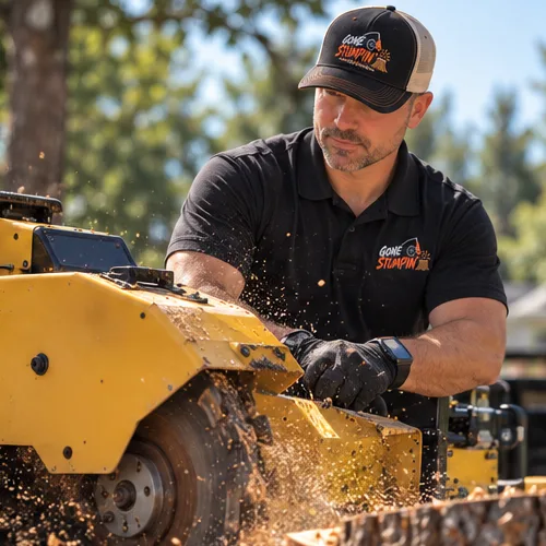 Adam running the stump grinder, mulch flying